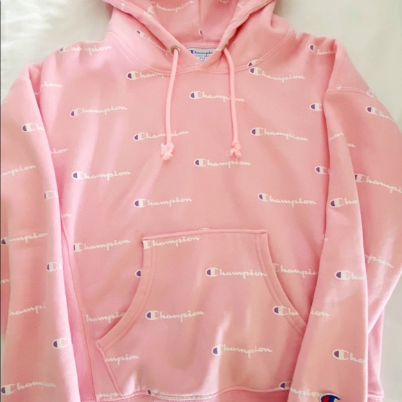 Champion Reverse Weave Allover Logo Pink Hoodie - Picture 3 of 5